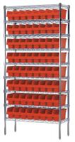 10F124 Bin Shelving, Wire, 36X14, 64 Bins, Red