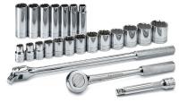 20J991 Socket Set, 1/2 Dr, SAE, 12 Pt Std/Dp, 23 Pc