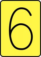 21LM47 Number Card, 6, 3In, Blk/Yllw, PK 25