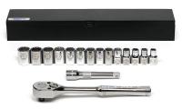 22F129 Socket Set, 1/2 In Dr, Metric, Chrome, 16 Pc