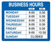 2UWZ3 Business Hours Sign, 10x14In, BL/WHT, Vinyl