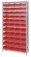 33Z178 Bin Shelving, Wire, 36X12, 44 Bins, Red