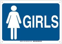 38H999 Restroom Sign, Eng, Alum, 10x14 in, Wht/Blue