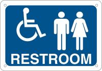 38J063 Restroom Sign, Eng, Plastic, 7 x10, Wht/Blue