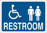 38J067 Restroom Sign, Eng, Poly, 10x14 in, Wht/Blue
