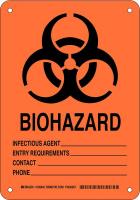 38J345 Biohazard Sign, Plastic, 10 x 7 in, Blk/Org