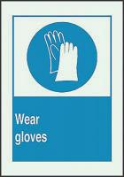 3TE55 Caution Sign, 10 x 7In, BL/GRN, Wear Gloves
