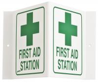 41G387 First Aid Sign, 6 x 9In, Green on White