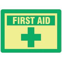8AE86 First Aid Sign, 10 x 14In, GRN/Glow, ENG