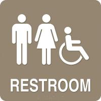 8KZX9 Restroom Sign, 8 x 8In, WHT/Tan, PLSTC, ENG