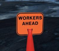 8WN75 Traffic Cone Sign, Orng/Blk, Workers Ahead