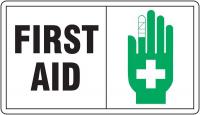 9E385 First Aid Sign, 7 x 10In, BK and GRN/WHT