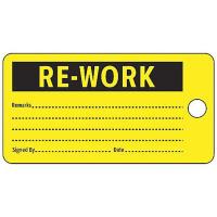 9WCY7 Re-Work Tag, 3 x 5-3/4 In, Bk/Yel, PK25